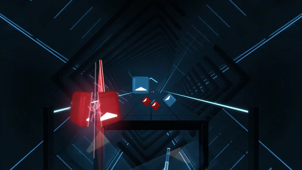 A generated map for Vivid playing in the 3D previewer: notes on a track between saber lights